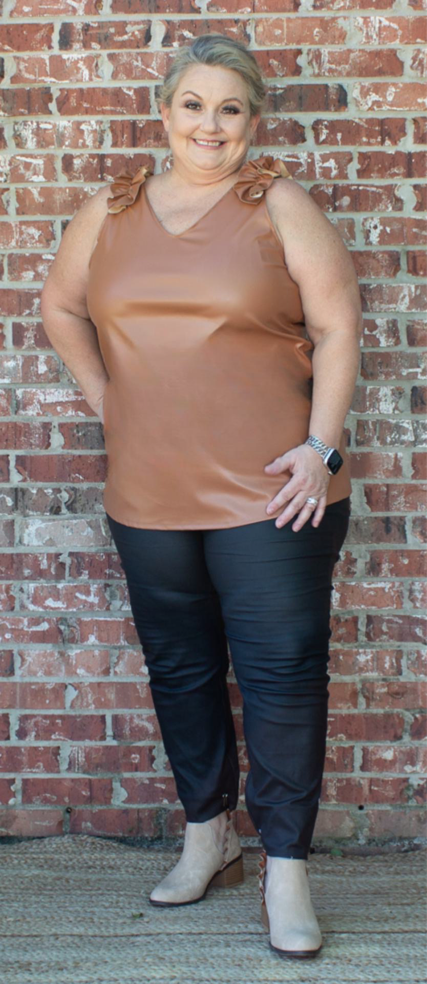 Uptown Faux Leather V-Neck Top Camel