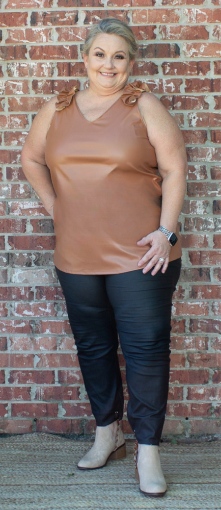 Uptown Faux Leather V-Neck Top Camel