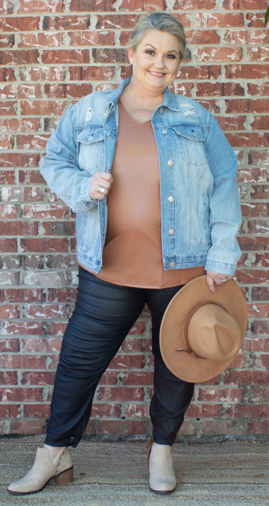 Uptown Faux Leather V-Neck Top Camel