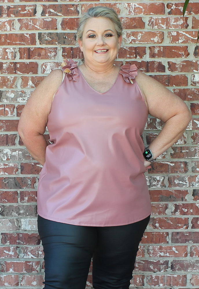 Uptown Vegan Leather V-Neck Top Blush