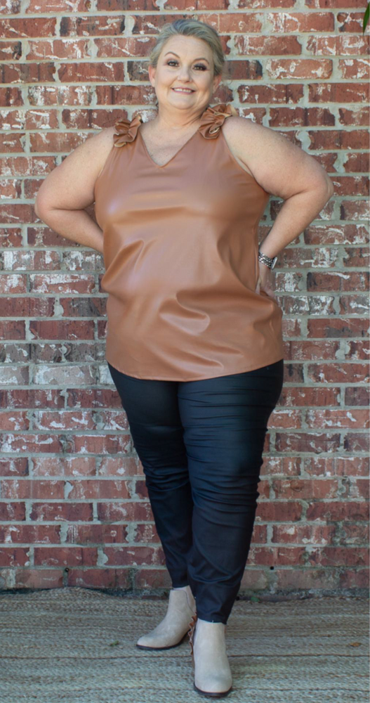 Uptown Faux Leather V-Neck Top Camel