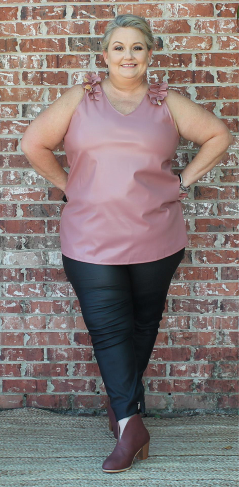 Uptown Vegan Leather V-Neck Top Blush