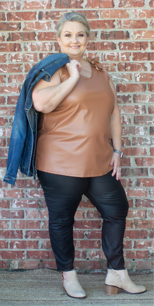 Uptown Faux Leather V-Neck Top Camel